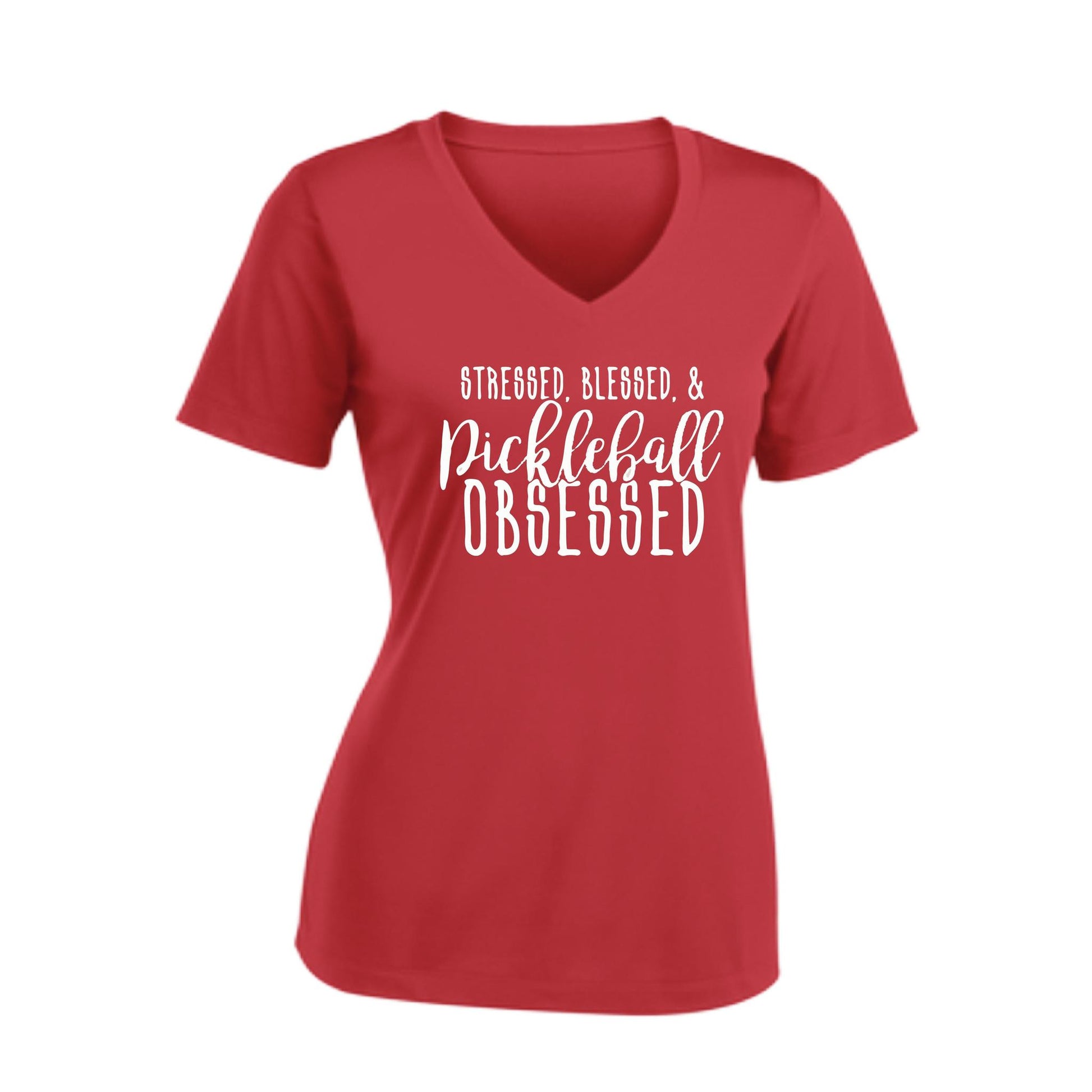 Stressed Blessed & Pickleball Obsessed | Women's Short Sleeve V-Neck Pickleball Performance T-Shirts | 100% Polyester