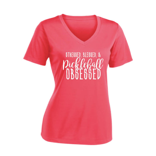Stressed Blessed & Pickleball Obsessed | Women's Short Sleeve V-Neck Pickleball Performance T-Shirts | 100% Polyester