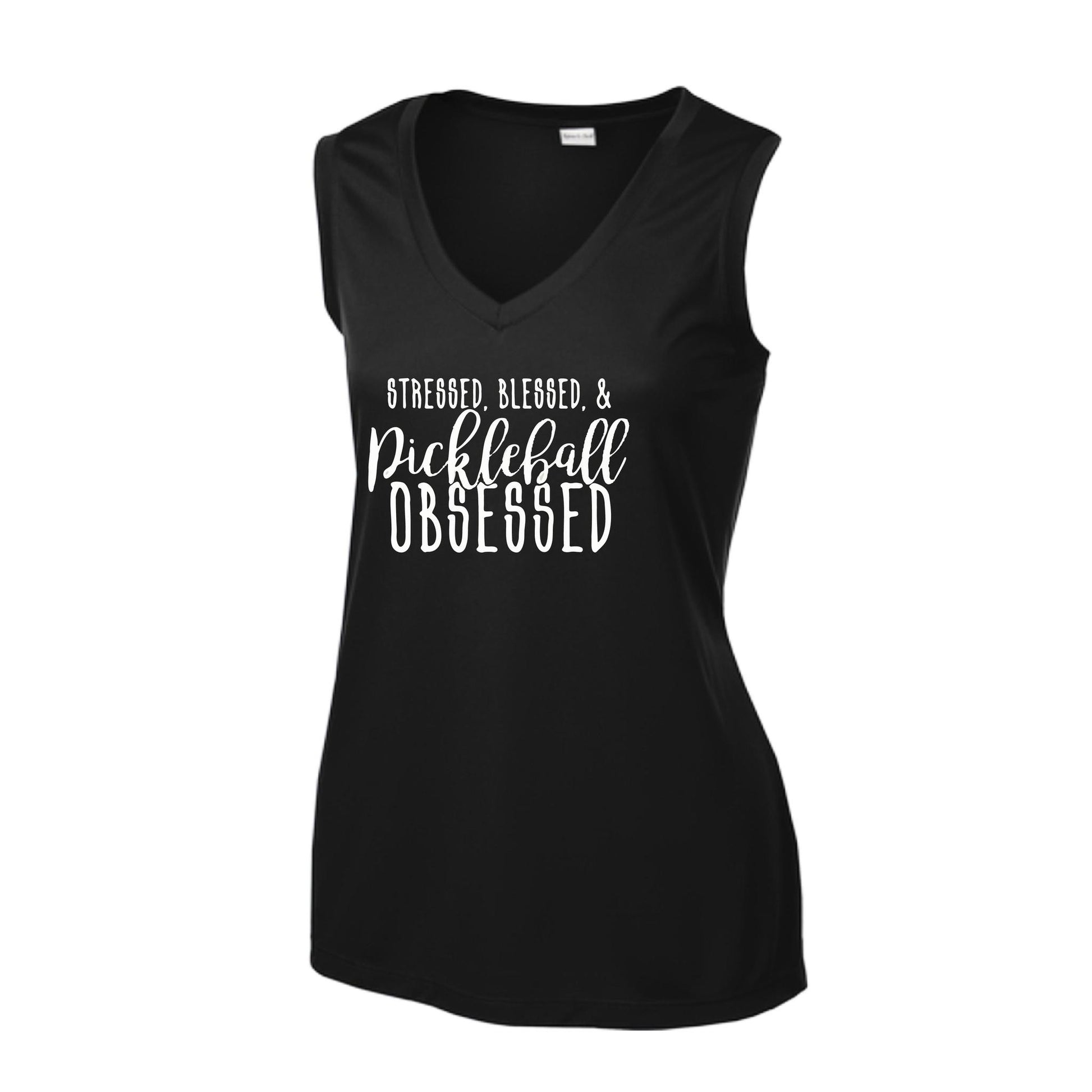 Stressed Blessed & Pickleball Obsessed | Women’s Sleeveless Pickleball Performance T-Shirt | 100% Polyester