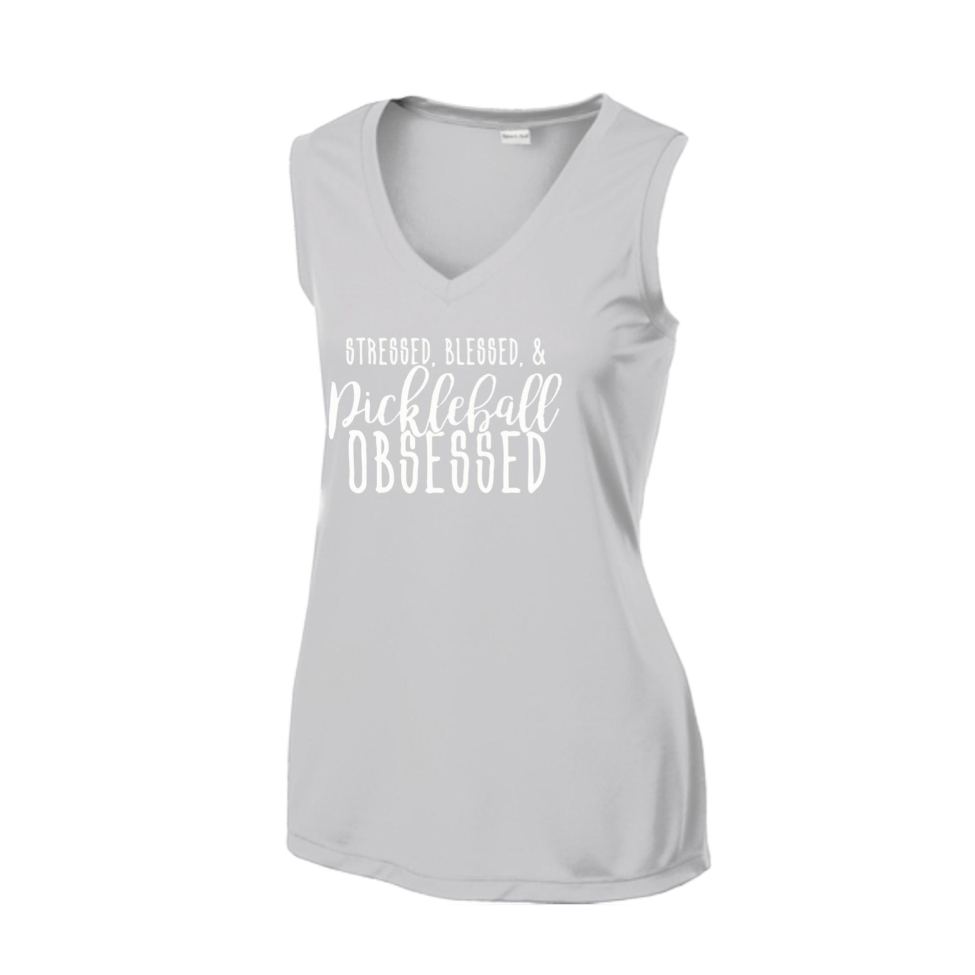 Stressed Blessed & Pickleball Obsessed | Women’s Sleeveless Pickleball Performance T-Shirt | 100% Polyester