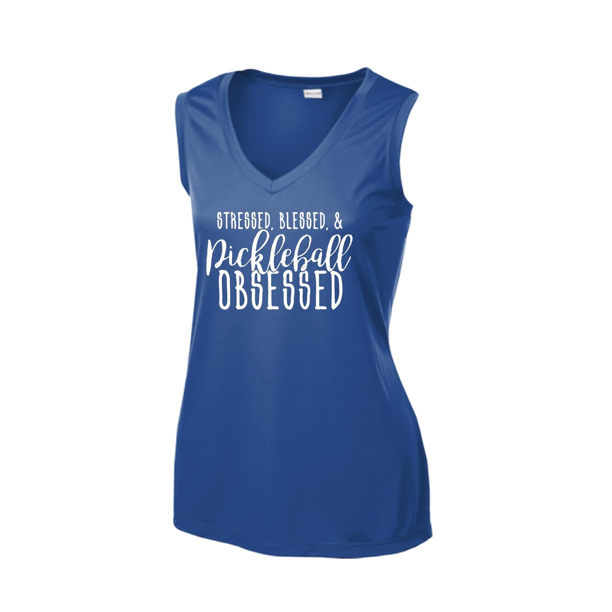Stressed Blessed & Pickleball Obsessed | Women’s Sleeveless Pickleball Performance T-Shirt | 100% Polyester