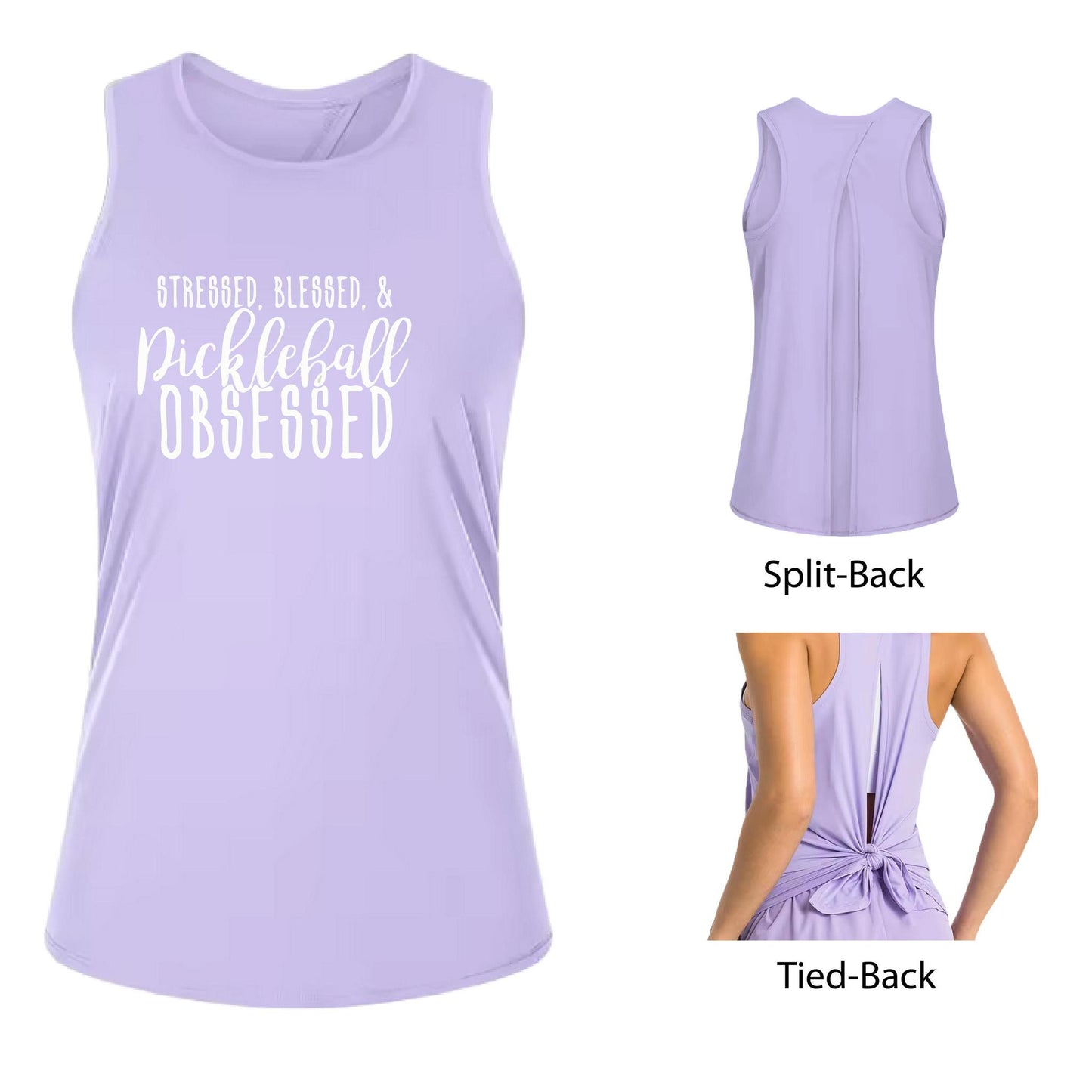 Stressed Blessed & Pickleball Obsessed | Women's Split Back or Tied Back Pickleball Tank | 80/20 Nylon Spandex Mix