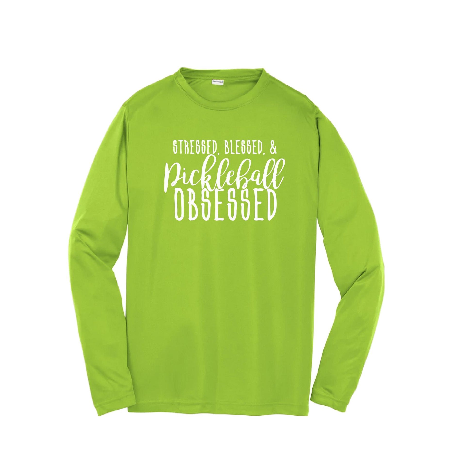 Stressed Blessed & Pickleball Obsessed | Youth Long Sleeve Pickleball Performance T-Shirts | 100% Polyester