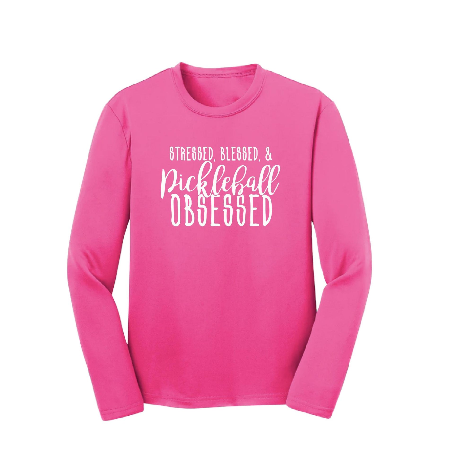Stressed Blessed & Pickleball Obsessed | Youth Long Sleeve Pickleball Performance T-Shirts | 100% Polyester