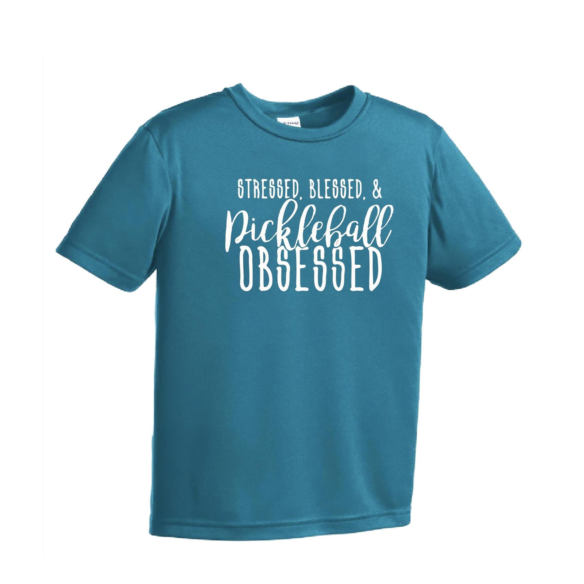 Stressed Blessed & Pickleball Obsessed | Youth Short Sleeve Pickleball Performance T-Shirts | 100% Polyester