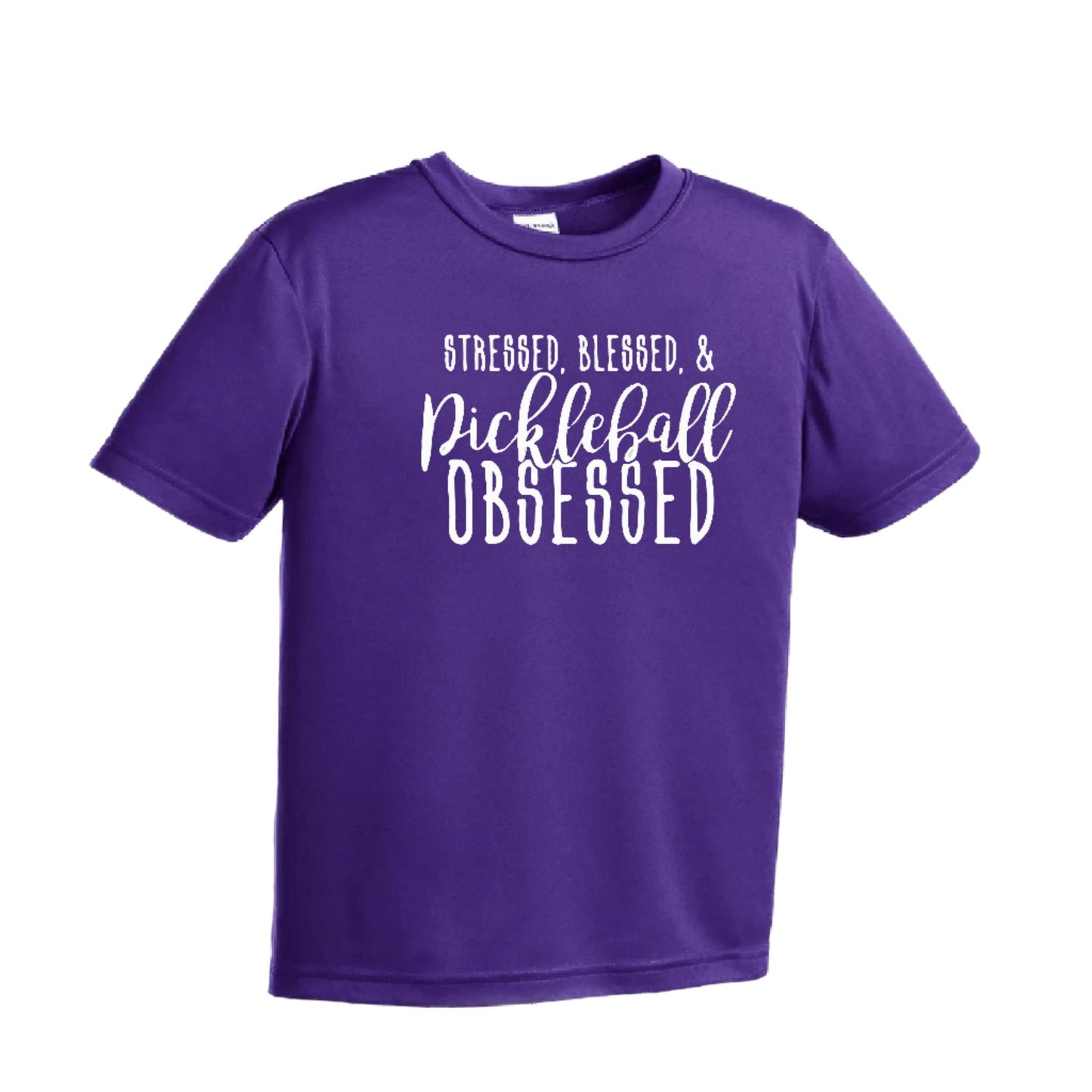 Stressed Blessed & Pickleball Obsessed | Youth Short Sleeve Pickleball Performance T-Shirts | 100% Polyester