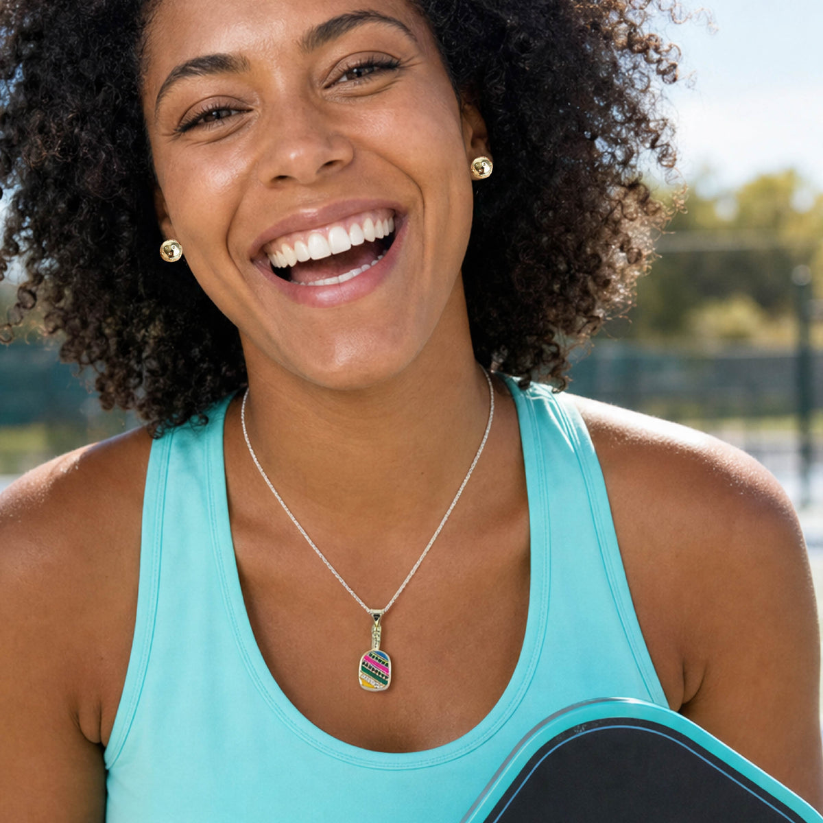Pickelball Jewelry - Cubic Zirconia Pickleball Paddle Necklace And Earrings - Fun Pickleball Gifts