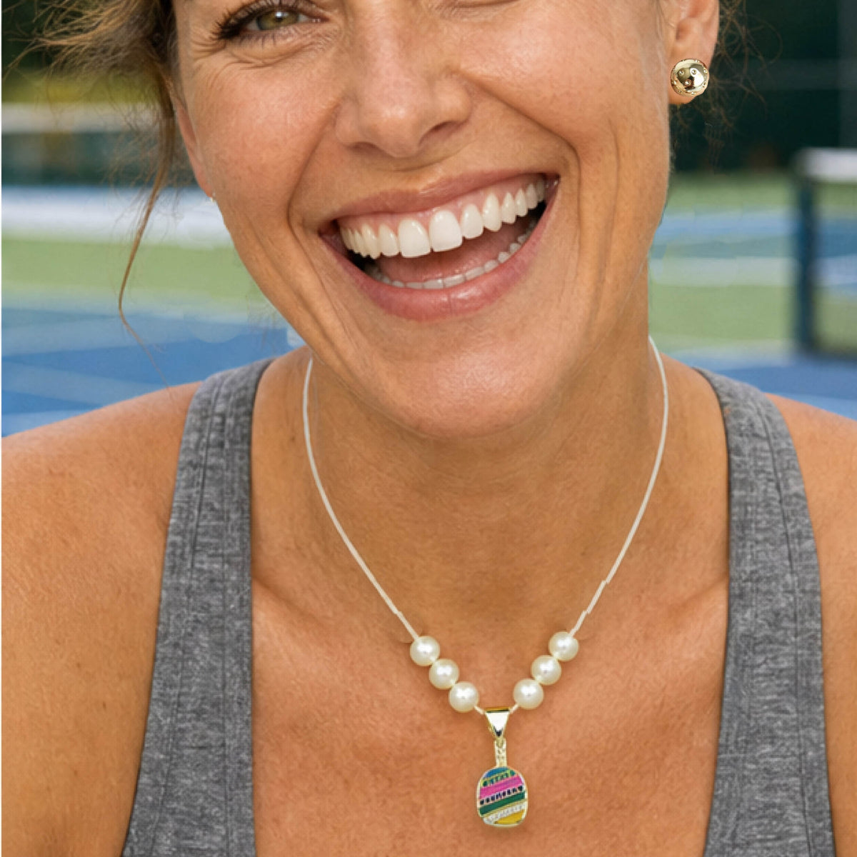 Pickelball Jewelry - Cubic Zirconia Pickleball Paddle Necklace And Earrings - Fun Pickleball Gifts