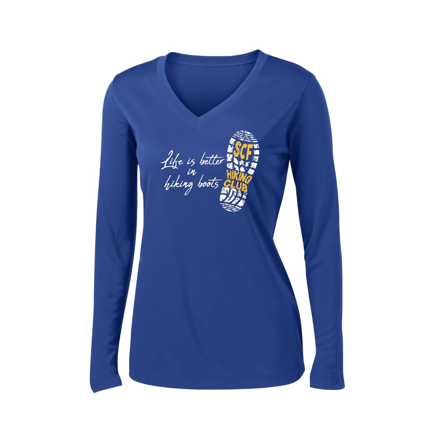 Sun City Festival Hiking Club | Clearance Women’s Long Sleeve V-Neck Performance T-Shirt | 100% Polyester