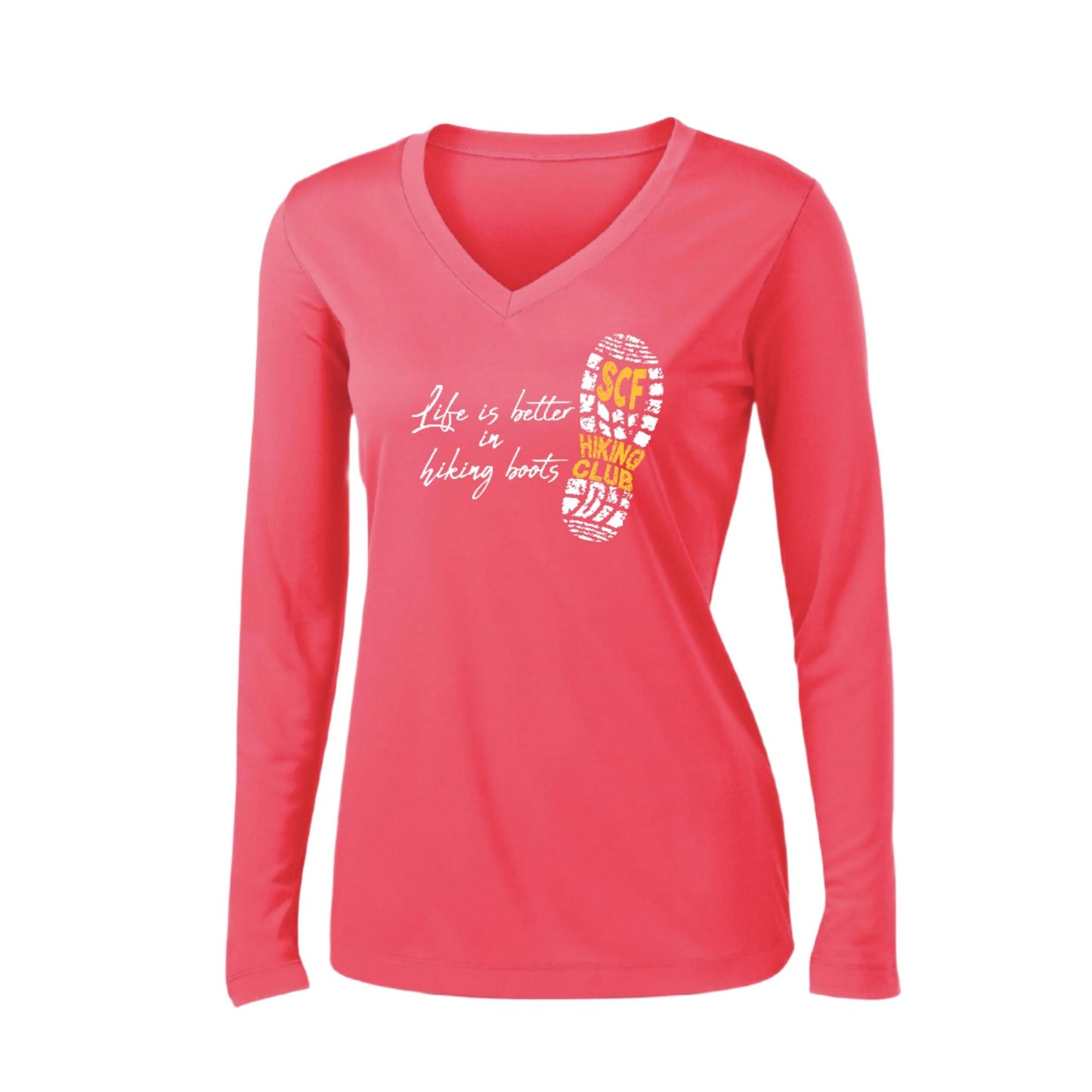 Sun City Festival Hiking Club | Women’s Long Sleeve V-Neck Performance T-Shirt | 100% Polyester