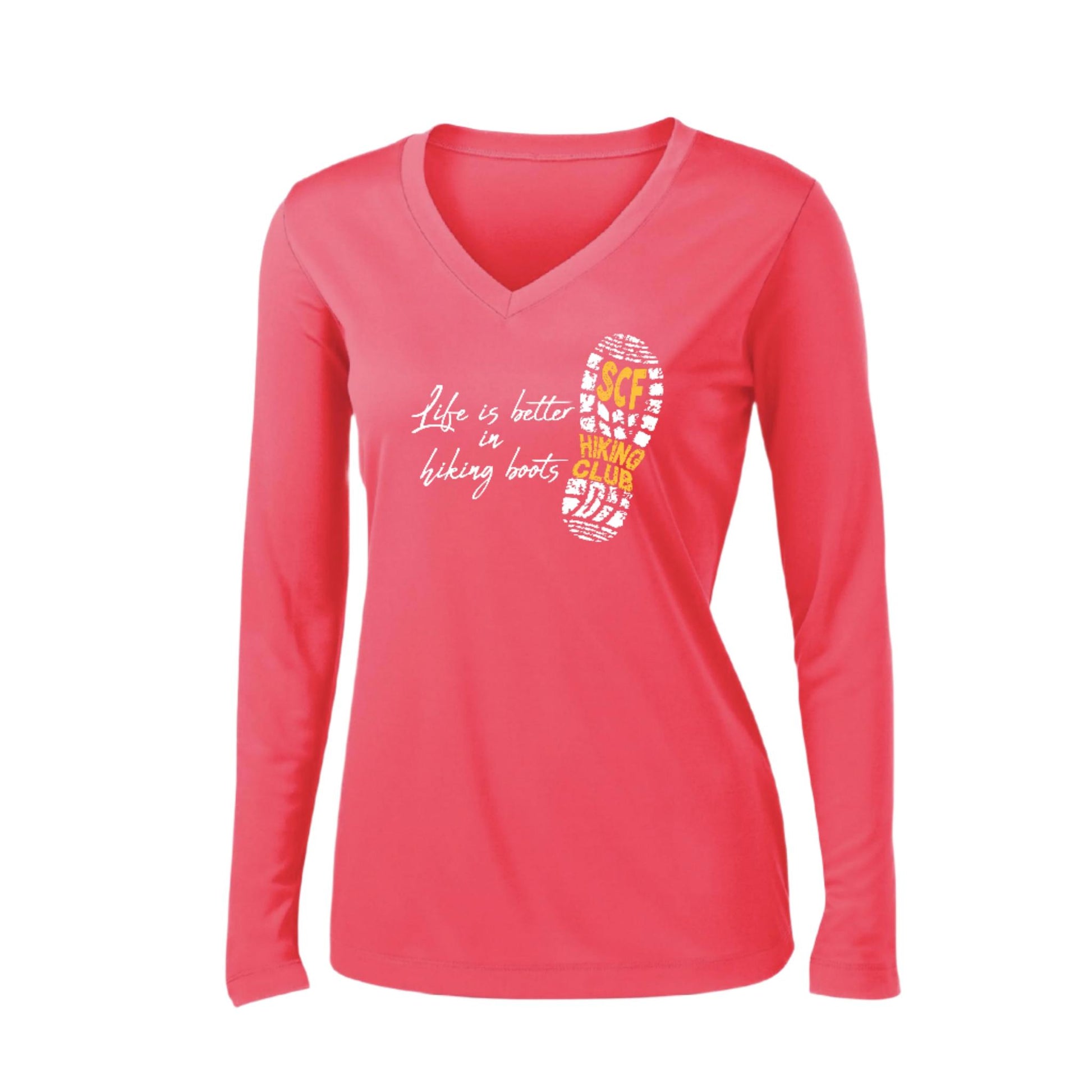 Sun City Festival Hiking Club | Women’s Long Sleeve V-Neck Performance T-Shirt | 100% Polyester