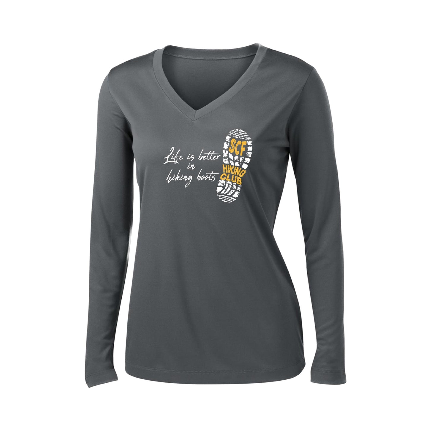 Sun City Festival Hiking Club | Women’s Long Sleeve V-Neck Performance T-Shirt | 100% Polyester