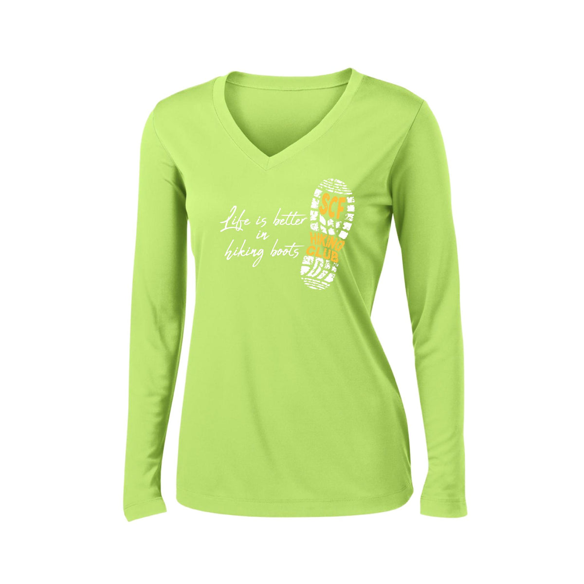 Sun City Festival Hiking Club | Women’s Long Sleeve V-Neck Performance T-Shirt | 100% Polyester
