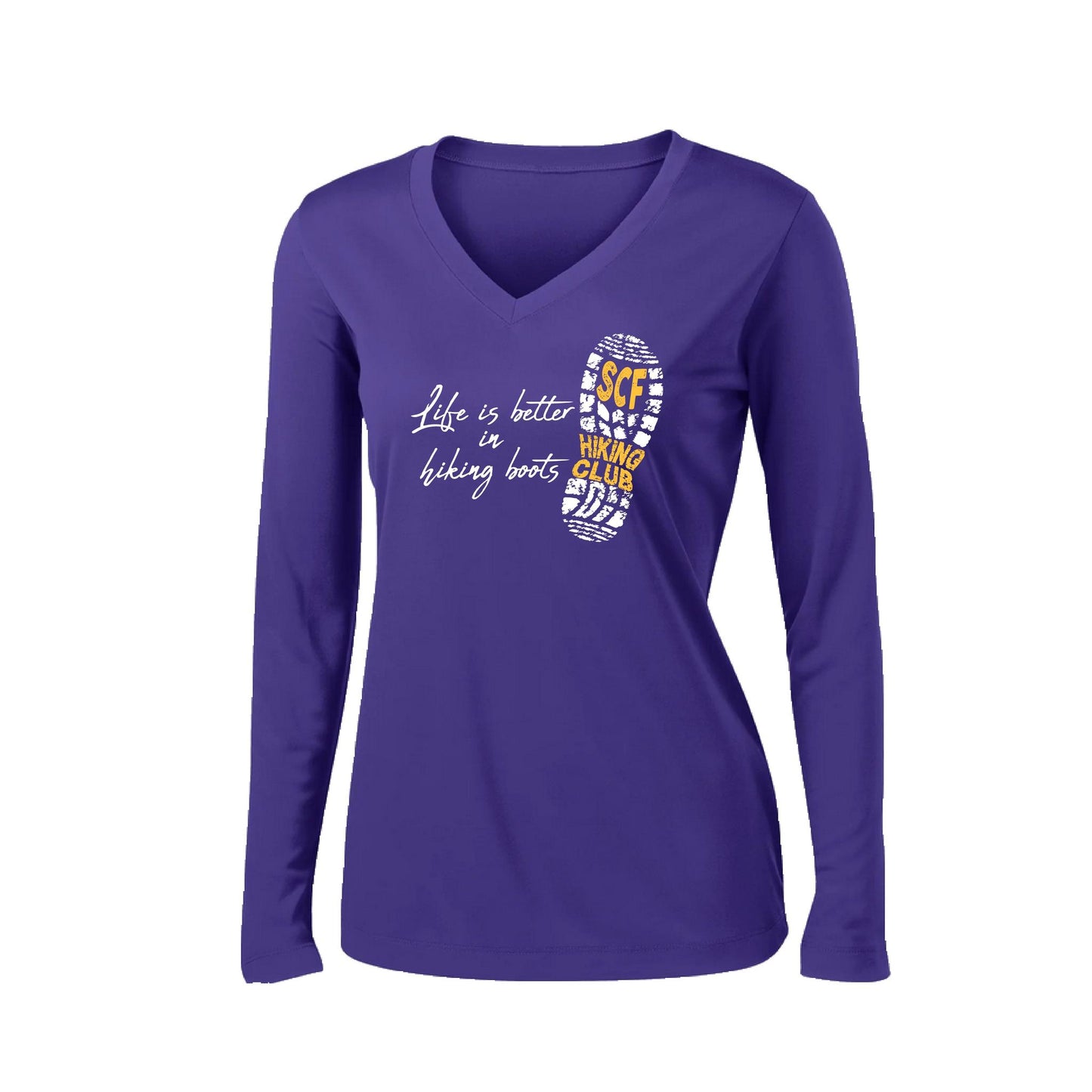 Sun City Festival Hiking Club | Women’s Long Sleeve V-Neck Performance T-Shirt | 100% Polyester