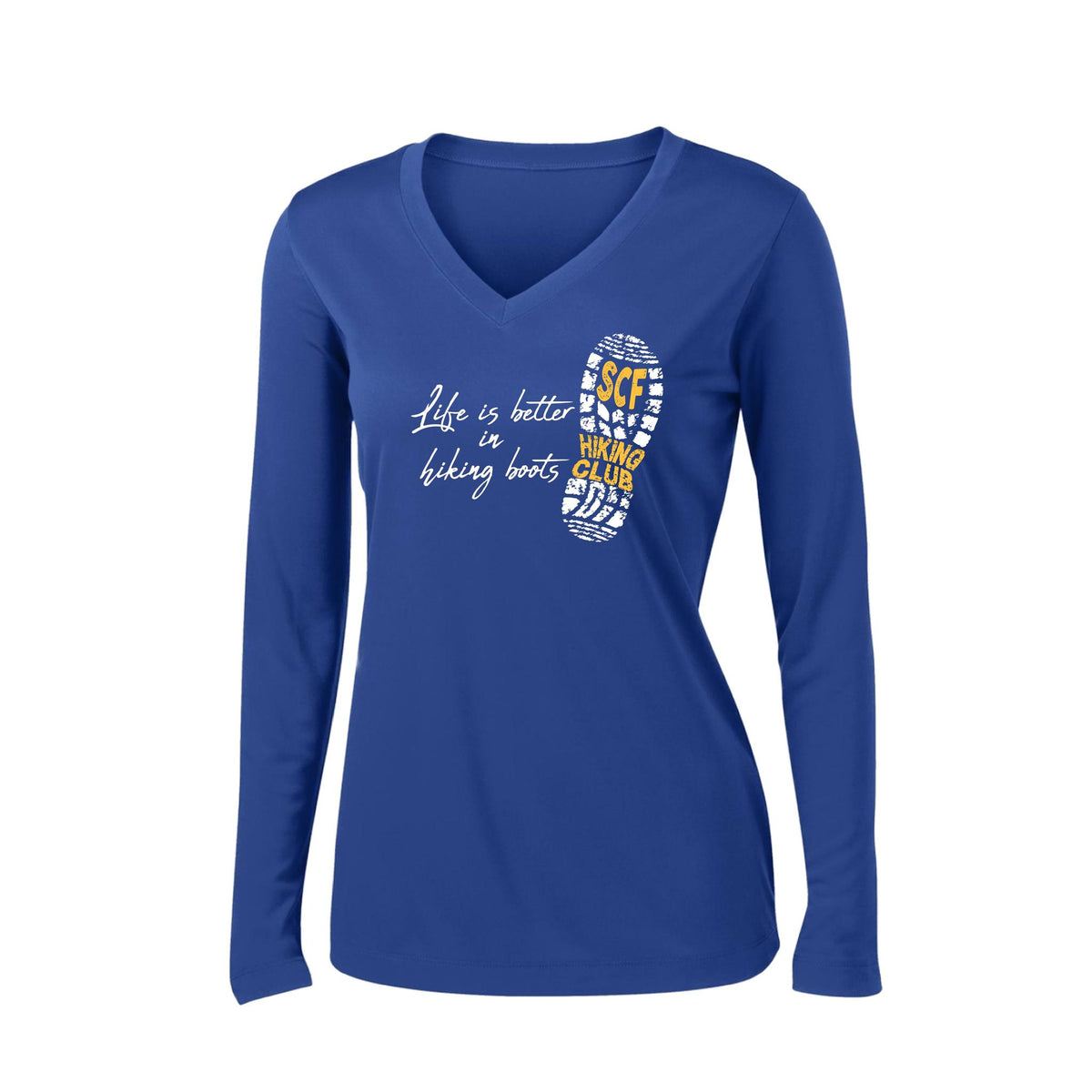 Sun City Festival Hiking Club | Women’s Long Sleeve V-Neck Performance T-Shirt | 100% Polyester