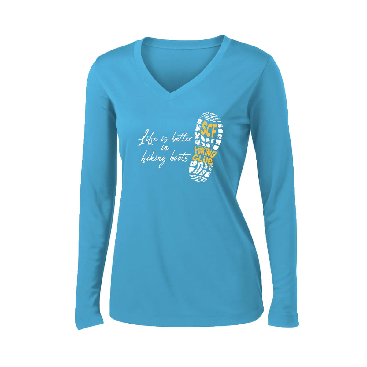 Sun City Festival Hiking Club | Women’s Long Sleeve V-Neck Performance T-Shirt | 100% Polyester