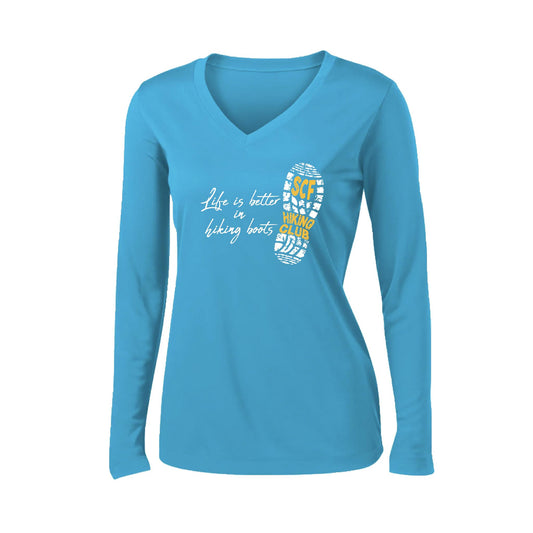 Sun City Festival Hiking Club | Women’s Long Sleeve V-Neck Performance T-Shirt | 100% Polyester