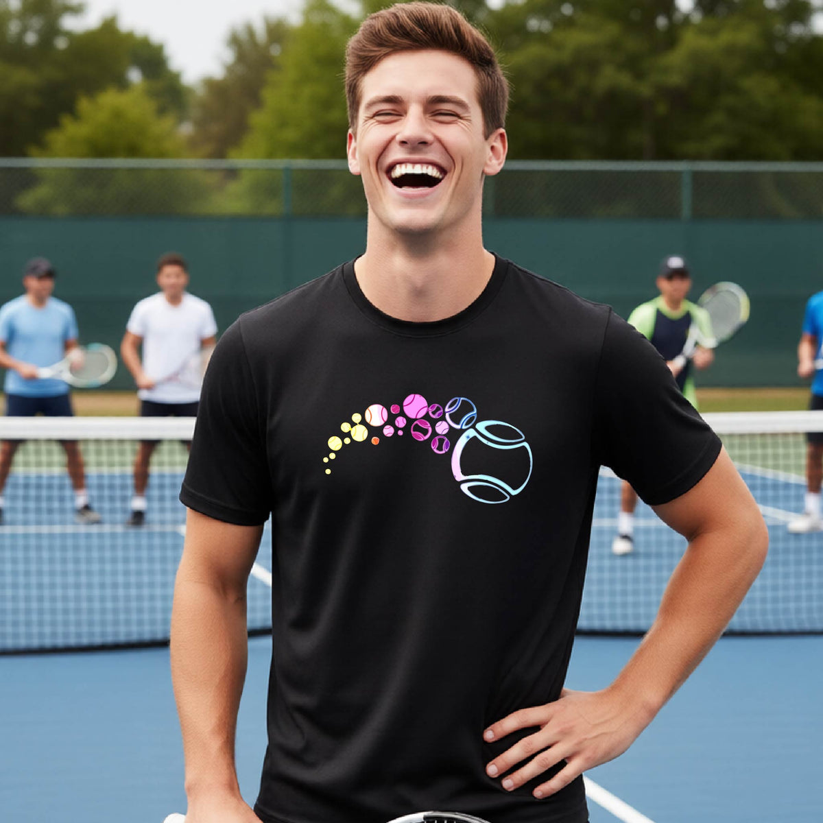 A man on a tennis court wearing a black short-sleeve t-shirt with a graphic of pastel gradient colored tennis balls arcing in flight and gradually getting larger.