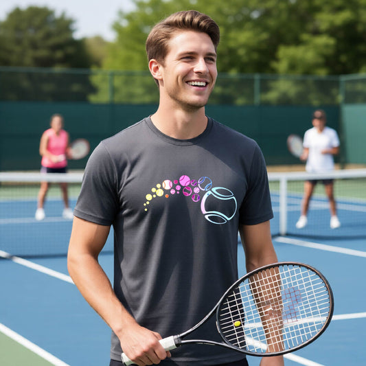 A man on a tennis court wearing a dark gray short-sleeve t-shirt with a graphic of pastel gradient colored tennis balls arcing in flight and gradually getting larger.
