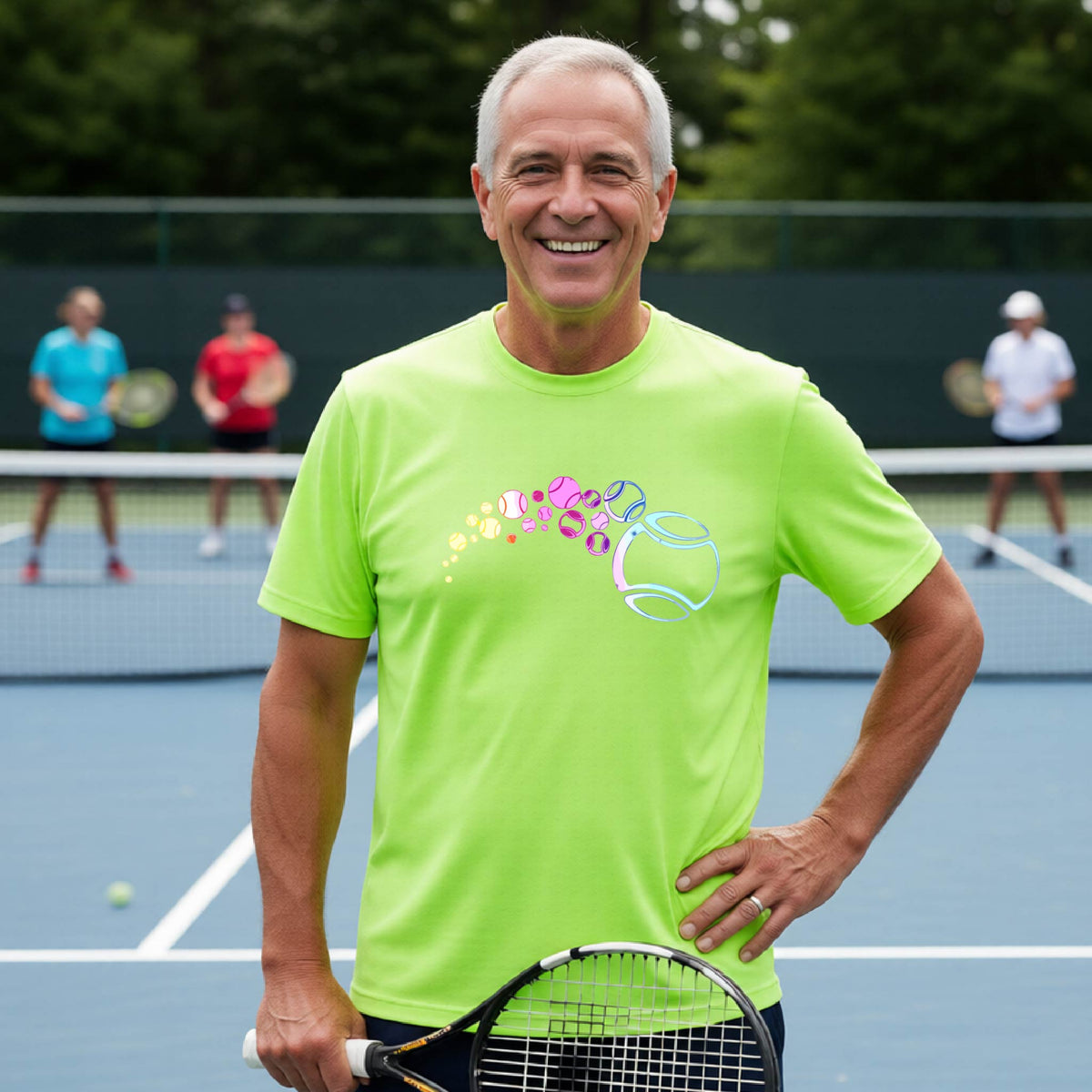 A man on a tennis court wearing a lime green short-sleeve t-shirt with a graphic of pastel gradient colored tennis balls arcing in flight and gradually getting larger.