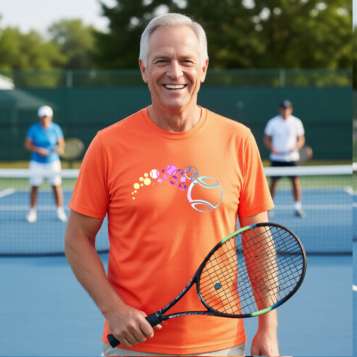A man on a tennis court wearing an orange short-sleeve t-shirt with a graphic of pastel gradient colored tennis balls arcing in flight and gradually getting larger.