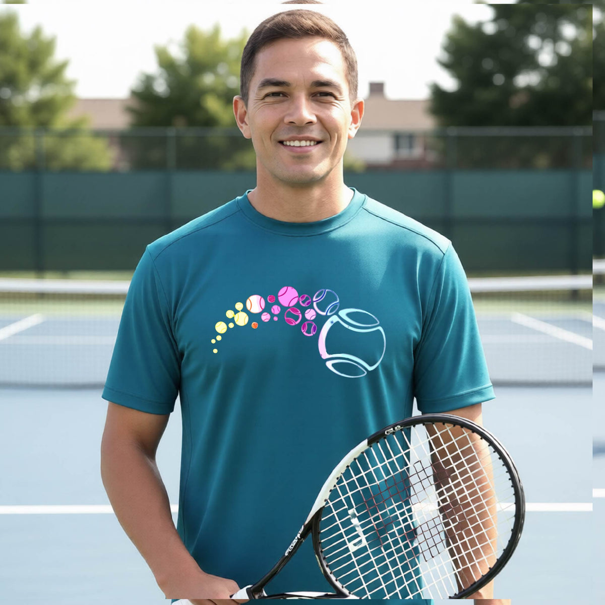 A man on a tennis court wearing a teal short-sleeve t-shirt with a graphic of pastel gradient colored tennis balls arcing in flight and gradually getting larger.