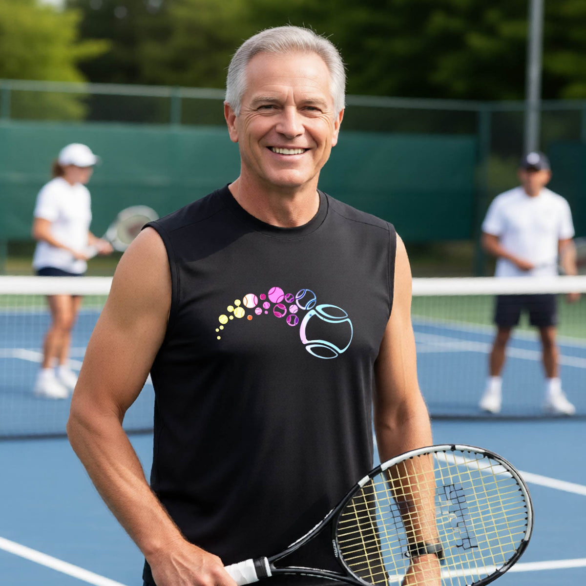 A man on a tennis court wearing a black sleeveless t-shirt with a graphic of pastel gradient colored tennis balls arcing in flight and gradually getting larger.