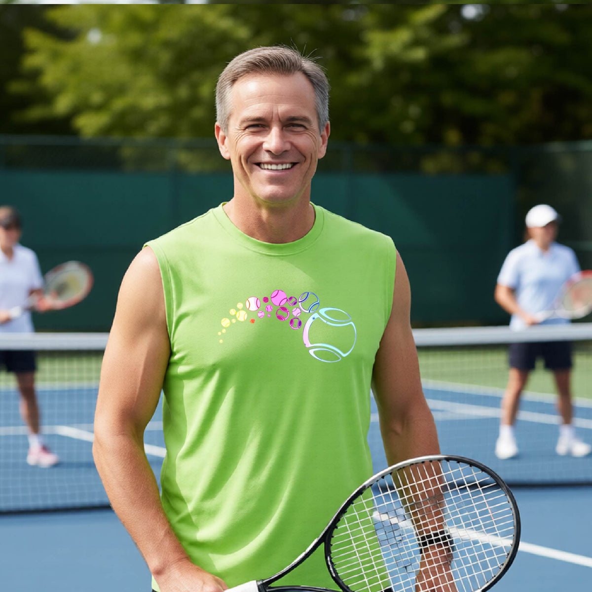 A man on a tennis court wearing a lime green sleeveless t-shirt with a graphic of pastel gradient colored tennis balls arcing in flight and gradually getting larger.