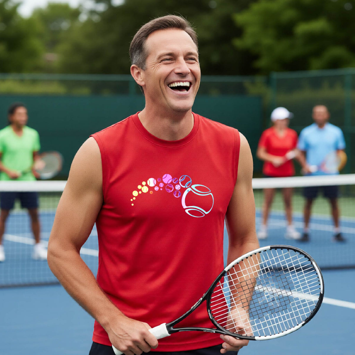 A man on a tennis court wearing a red sleeveless t-shirt with a graphic of pastel gradient colored tennis balls arcing in flight and gradually getting larger.