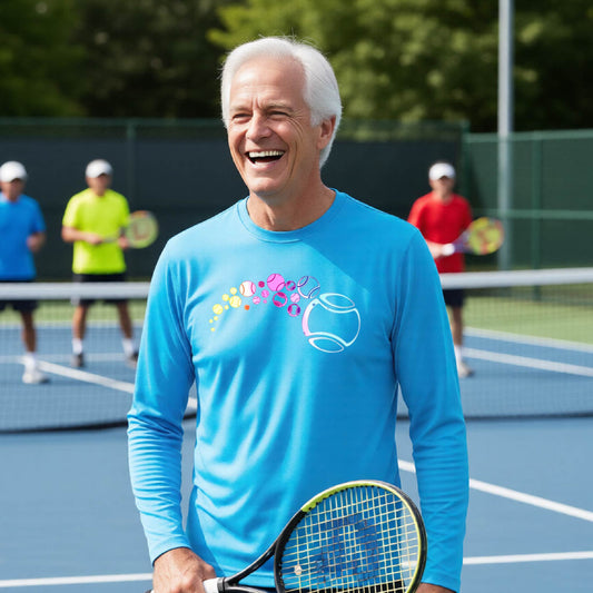 A man on a tennis court wearing a bright blue long-sleeve t-shirt with a graphic of pastel gradient colored tennis balls arcing in flight and gradually getting larger.