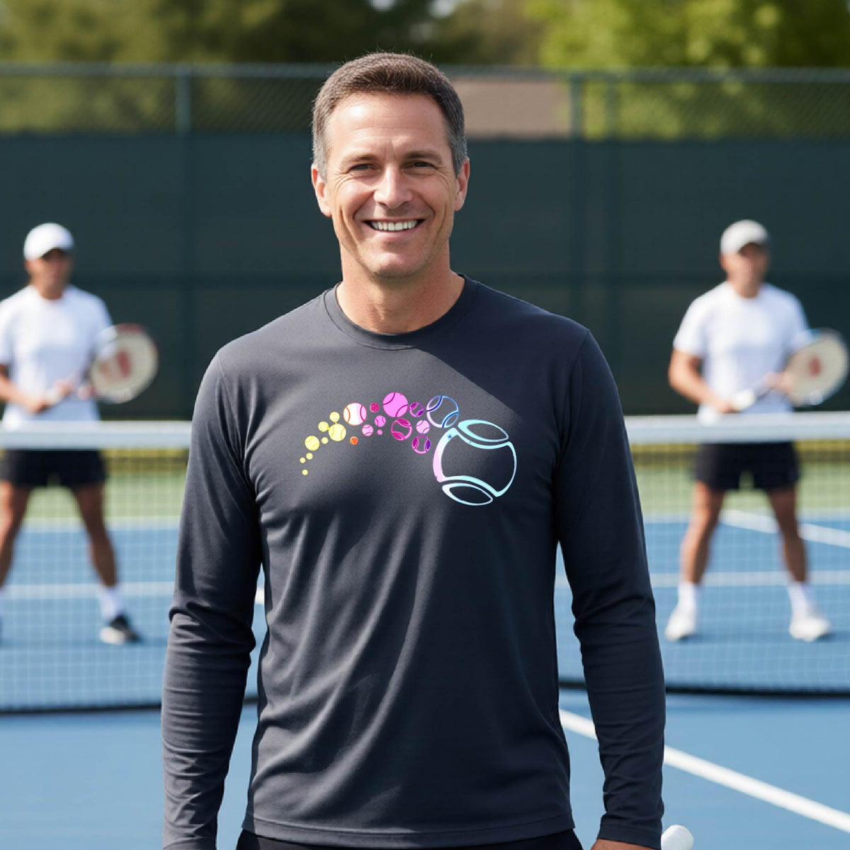 A man on a tennis court wearing a dark gray long-sleeve t-shirt with a graphic of pastel gradient colored tennis balls arcing in flight and gradually getting larger.