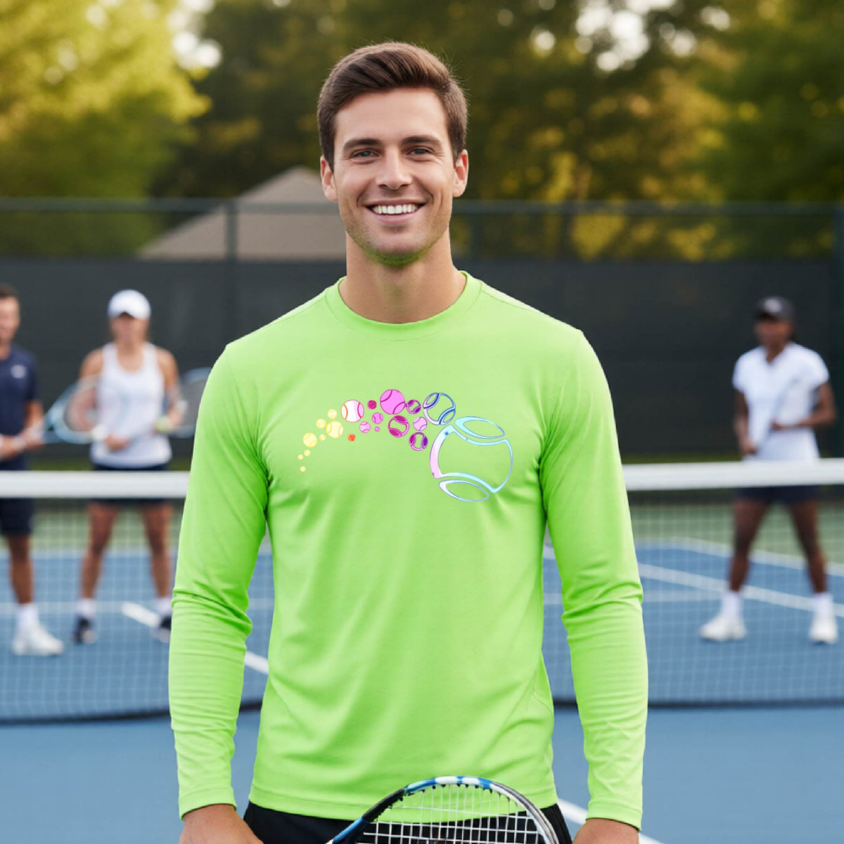 A man on a tennis court wearing a lime green long-sleeve t-shirt with a graphic of pastel gradient colored tennis balls arcing in flight and gradually getting larger.