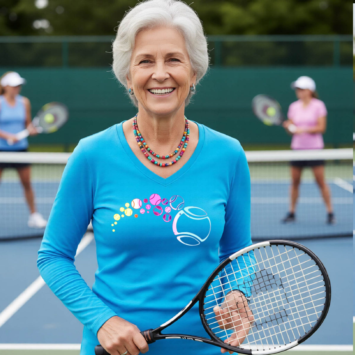 A woman on a tennis court wearing a bright blue long-sleeve t-shirt with a graphic of pastel gradient colored tennis balls arcing in flight and gradually getting larger.