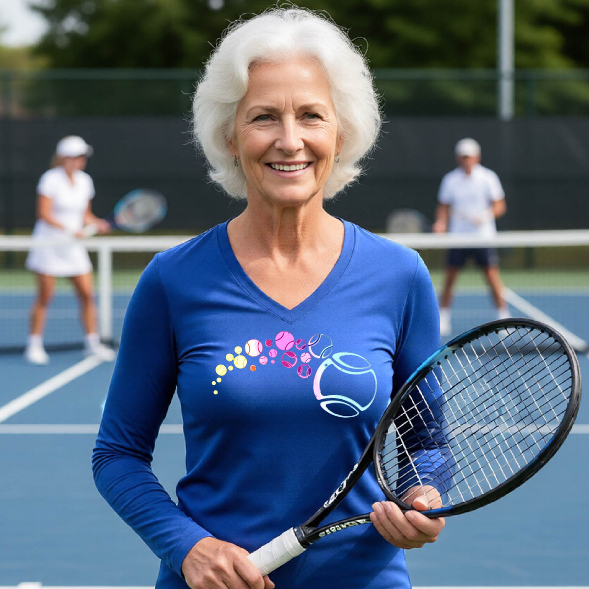 A woman on a tennis court wearing a royal blue long-sleeve t-shirt with a graphic of pastel gradient colored tennis balls arcing in flight and gradually getting larger.
