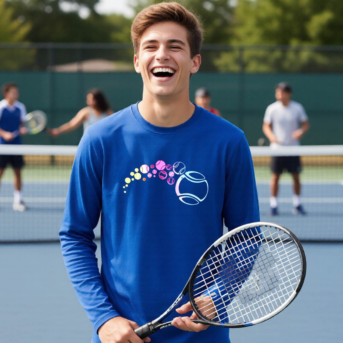 A young person on a tennis court wearing a royal blue long-sleeve t-shirt with a graphic of pastel gradient colored tennis balls arcing in flight and gradually getting larger.
