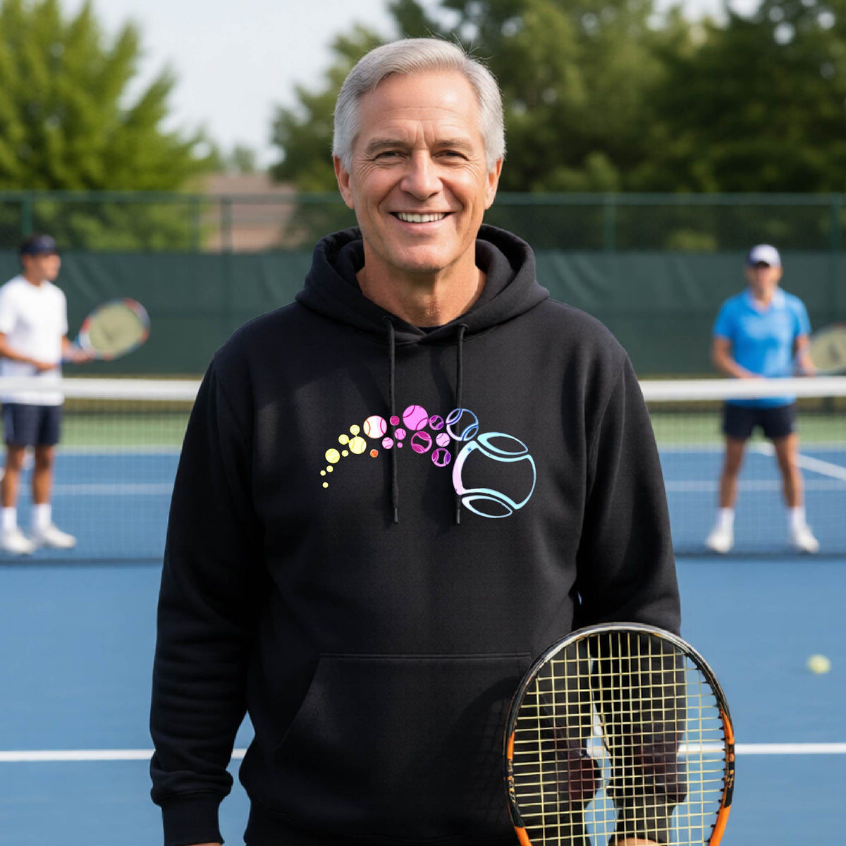 A man on a tennis court wearing a black hoodie pullover with a graphic of pastel gradient colored tennis balls arcing in flight and gradually getting larger.