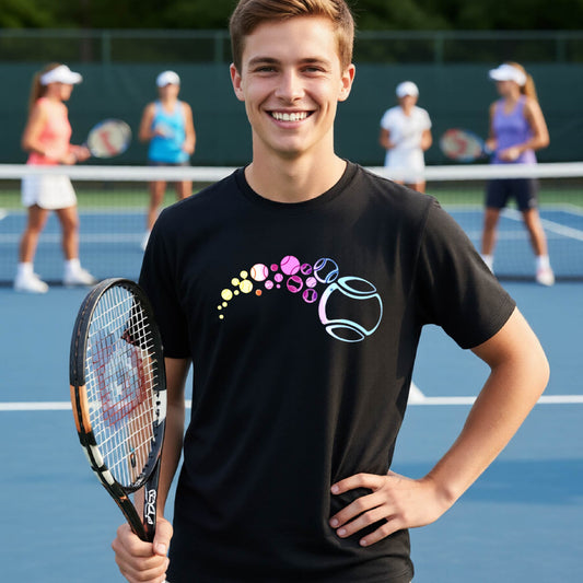 A young person on a tennis court wearing a black short-sleeve t-shirt with a graphic of pastel gradient colored tennis balls arcing in flight and gradually getting larger. 