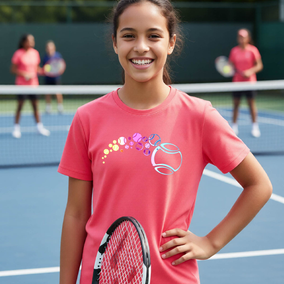 A young person on a tennis court wearing a coral colored short-sleeve t-shirt with a graphic of pastel gradient colored tennis balls arcing in flight and gradually getting larger. 