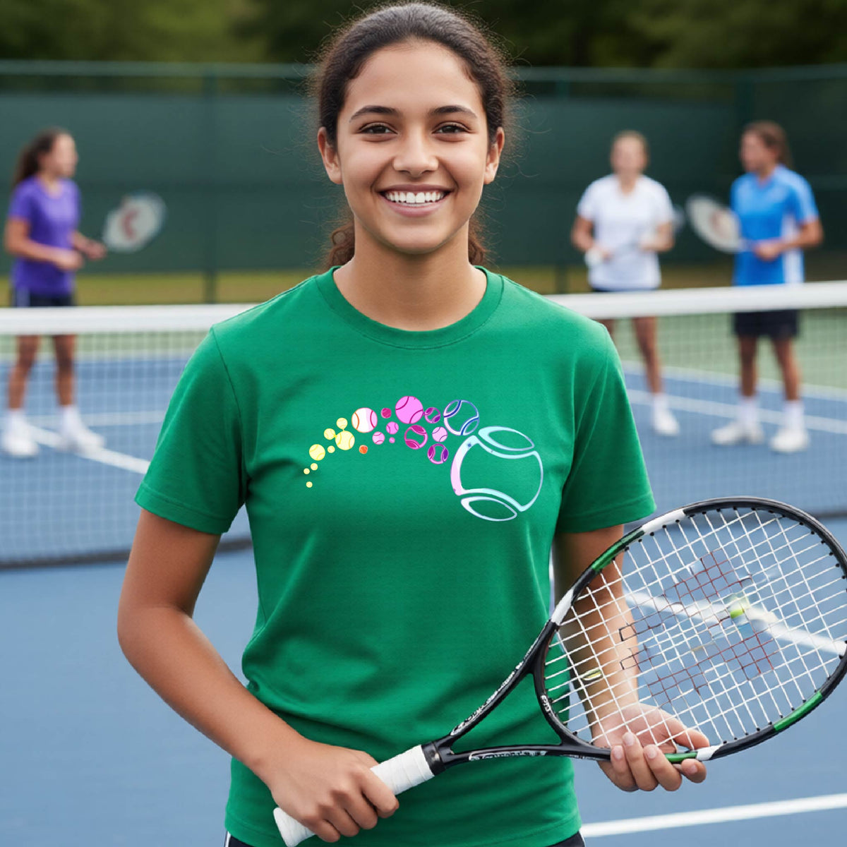 A young person on a tennis court wearing a green short-sleeve t-shirt with a graphic of pastel gradient colored tennis balls arcing in flight and gradually getting larger. 