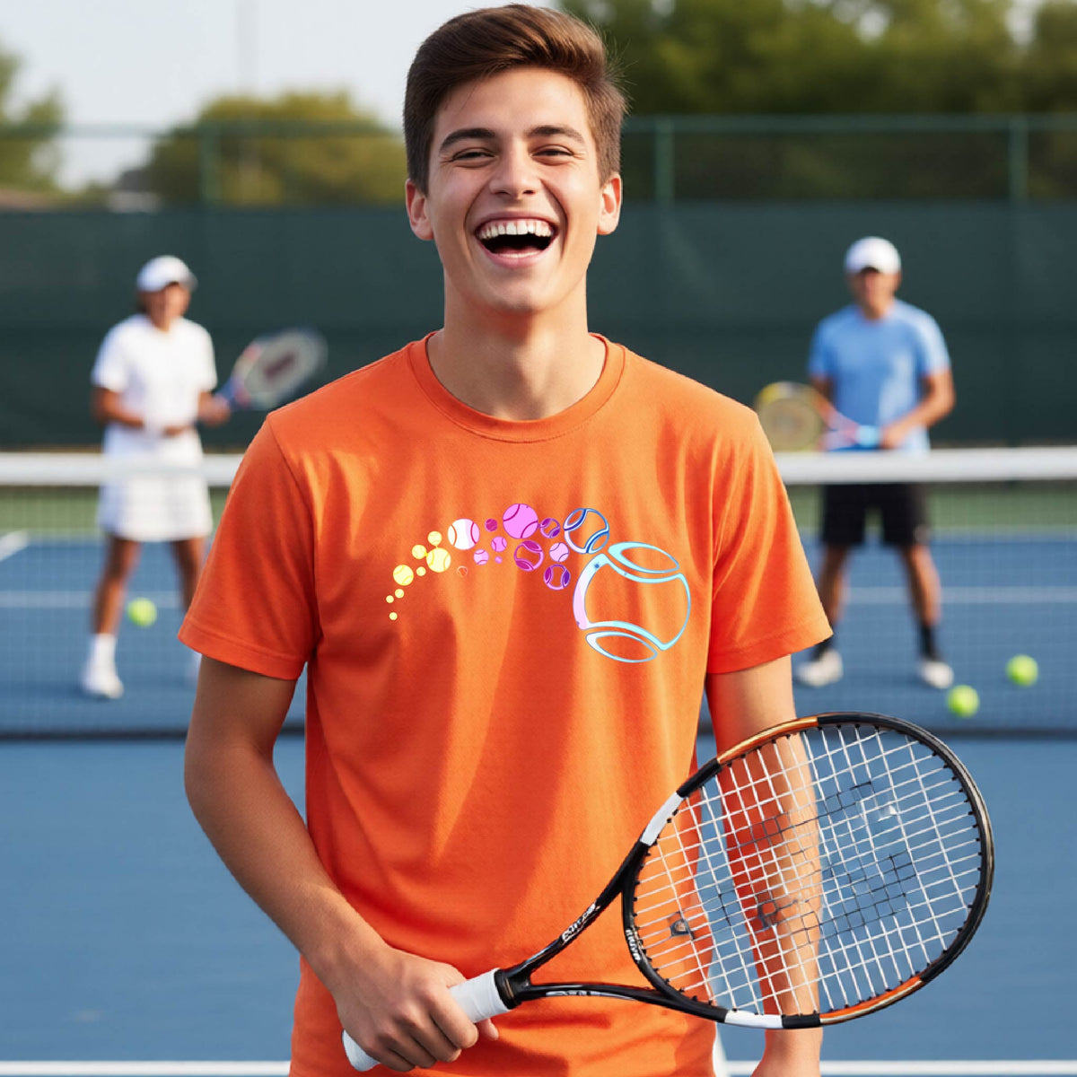 A young person on a tennis court wearing an orange short-sleeve t-shirt with a graphic of pastel gradient colored tennis balls arcing in flight and gradually getting larger. 