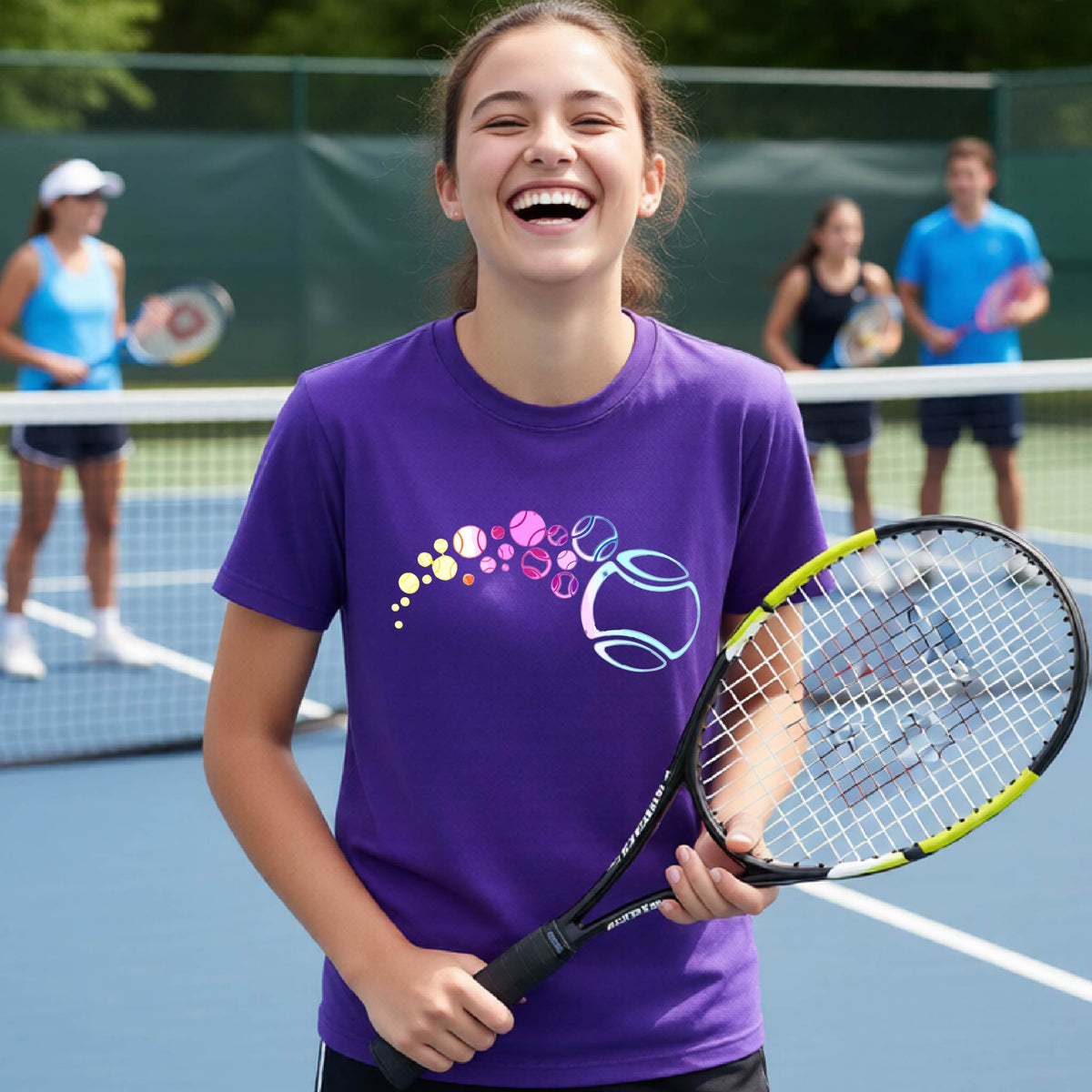 A young person on a tennis court wearing a purple short-sleeve t-shirt with a graphic of pastel gradient colored tennis balls arcing in flight and gradually getting larger. 