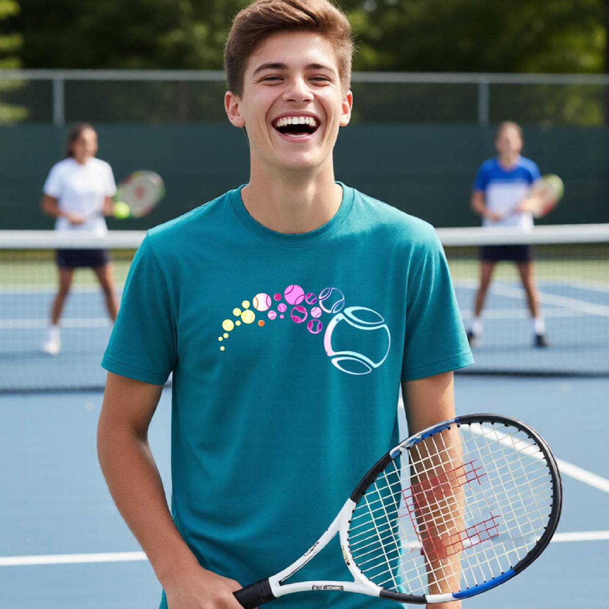 A young person on a tennis court wearing a teal short-sleeve t-shirt with a graphic of pastel gradient colored tennis balls arcing in flight and gradually getting larger. 