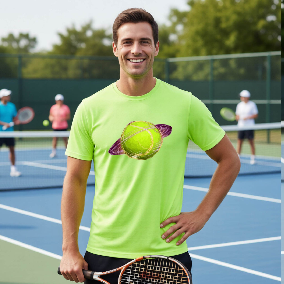 A man on a tennis court wearing a lime green short-sleeve t-shirt with a graphic of a tennis ball in orbit, holding a tennis racket. Other players are visible in the background on the court.