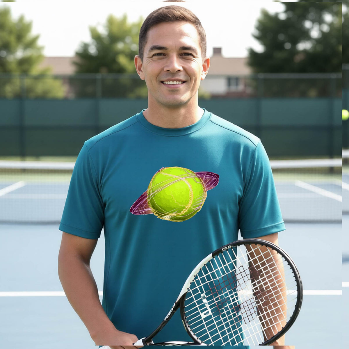 A man on a tennis court wearing a teal short-sleeve t-shirt with a graphic of a tennis ball in orbit, holding a tennis racket. Other players are visible in the background on the court.