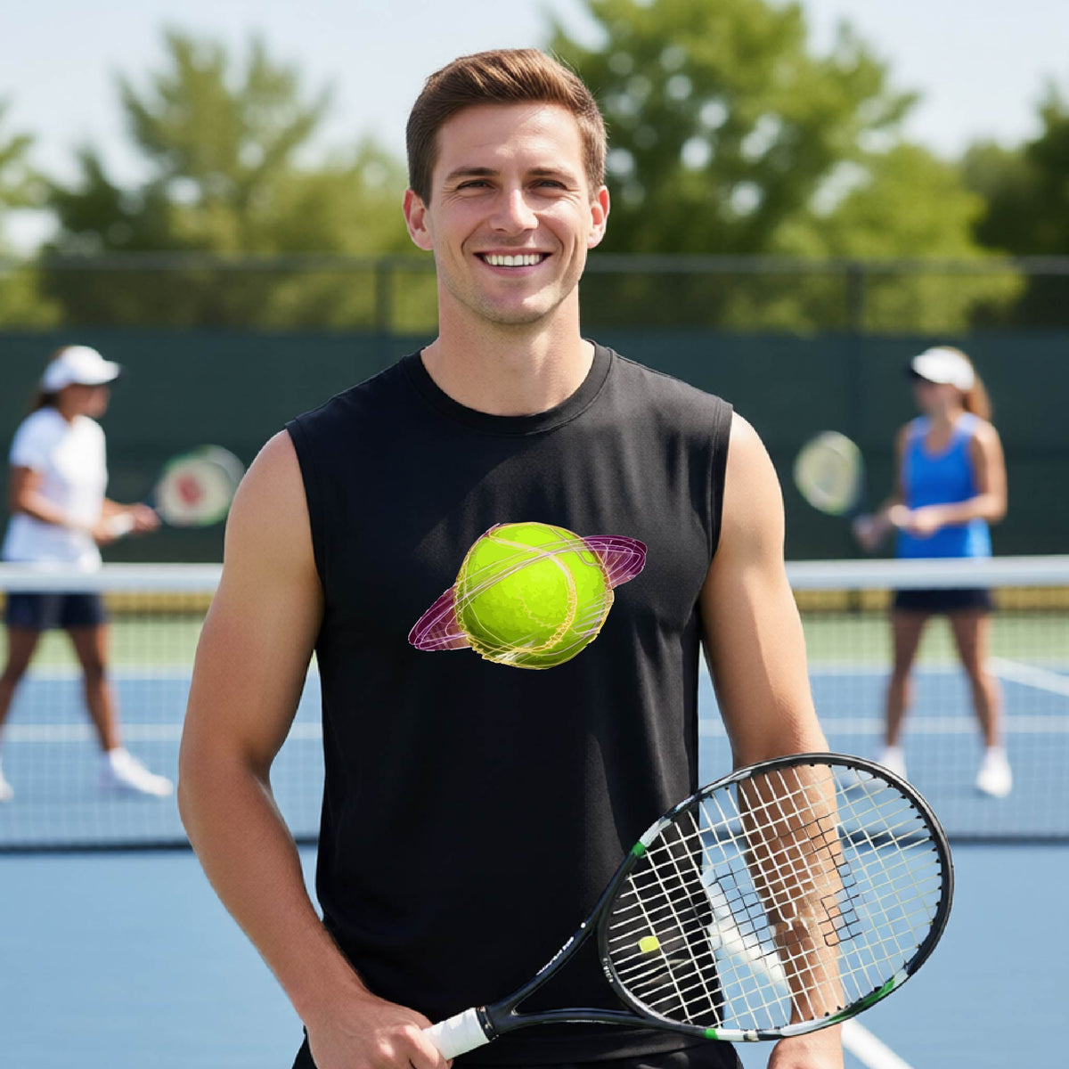 A smiling man on a tennis court wearing a black sleeveless shirt with a graphic of a tennis ball with a saturn ring around it, holding a tennis racket.