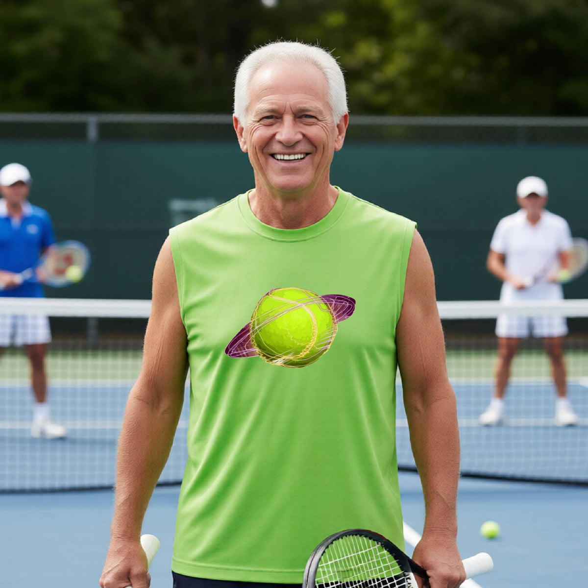 An older man smiling on a tennis court wearing a bright lime green sleeveless athletic shirt with a graphic of a tennis ball with a Saturn ring on the chest, holding a tennis racket.