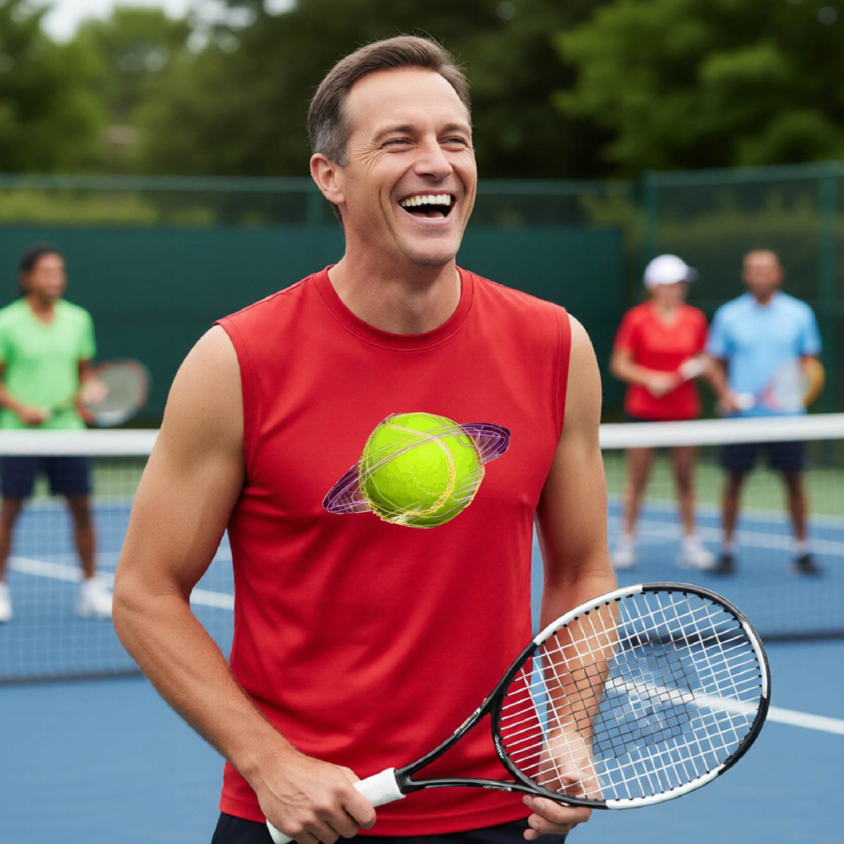 A man on a tennis court wearing a red sleeveless shirt with a graphic of a tennis ball in orbit, holding a tennis racket. Other players are visible in the background on the court.