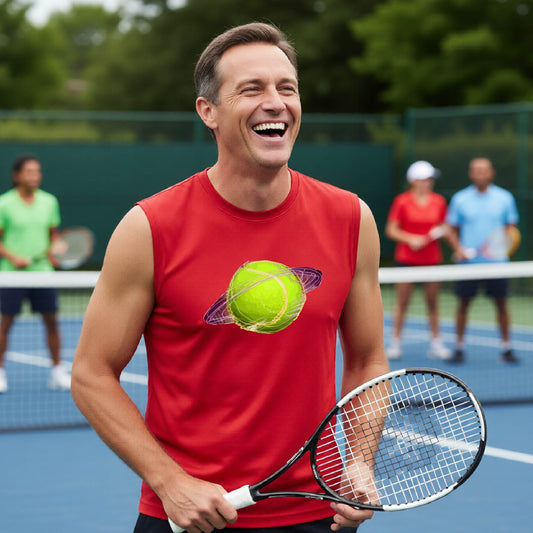 A man on a tennis court wearing a red sleeveless shirt with a graphic of a tennis ball in orbit, holding a tennis racket. Other players are visible in the background on the court.