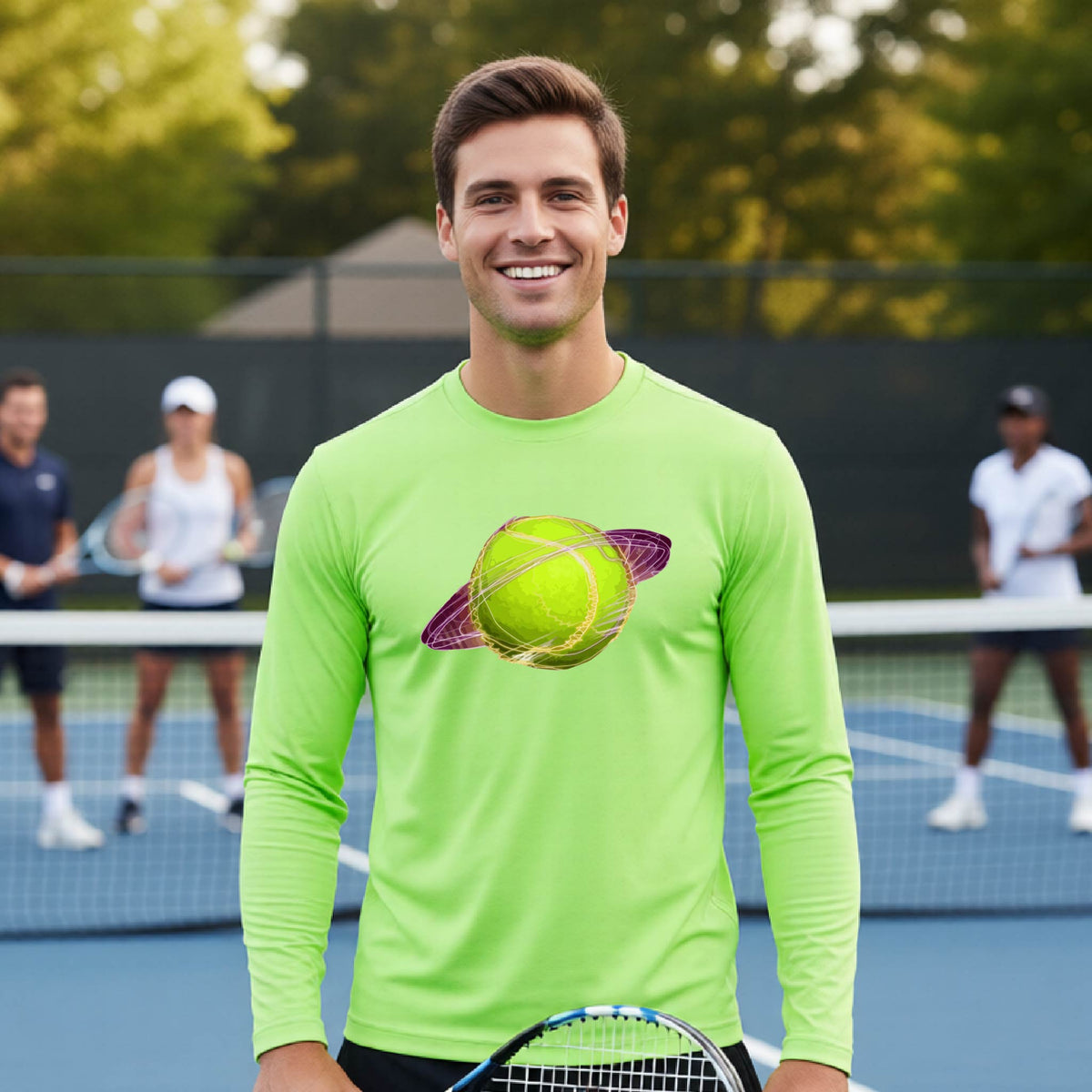 A man on a tennis court wearing a lime green long-sleeve t-shirt with a graphic of a tennis ball in orbit, holding a tennis racket. Other players are visible in the background on the court.