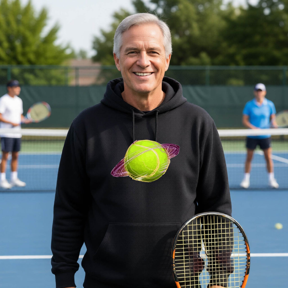 A man on a tennis court wearing a black hoodie pullover with a graphic of a tennis ball in orbit, holding a tennis racket. Other players are visible in the background on the court.